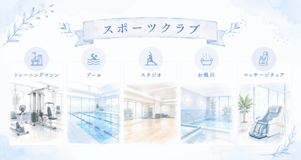 総合型スポーツクラブの設備を紹介する図解。トレーニングマシン、プール、スタジオ、お風呂、マッサージチェアの5つが水彩イラストで並んでいる