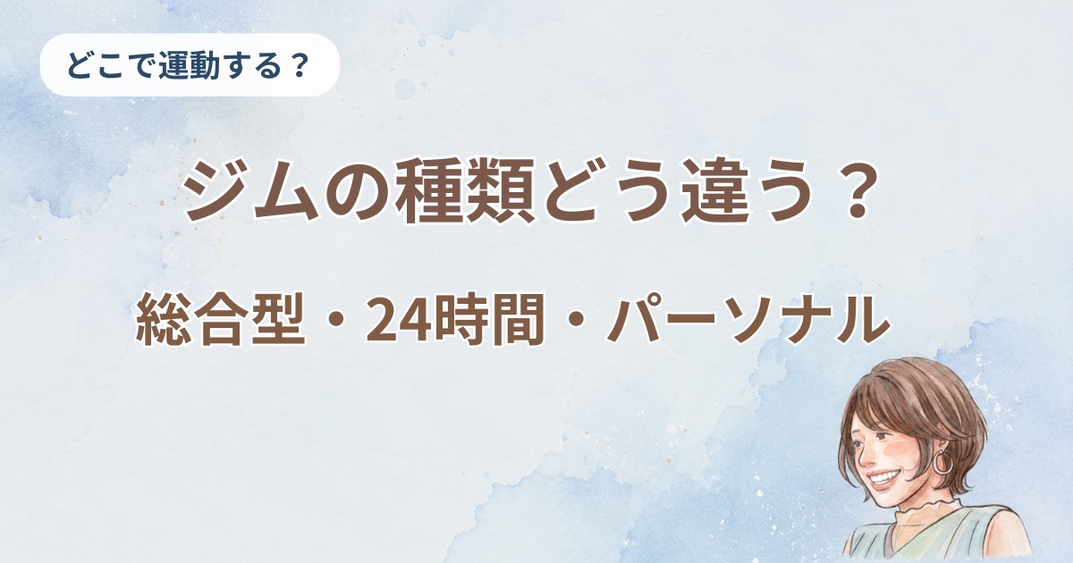 総合型フィットネスクラブ・24時間ジム・パーソナルジムの違いを比較する記事のアイキャッチ画像