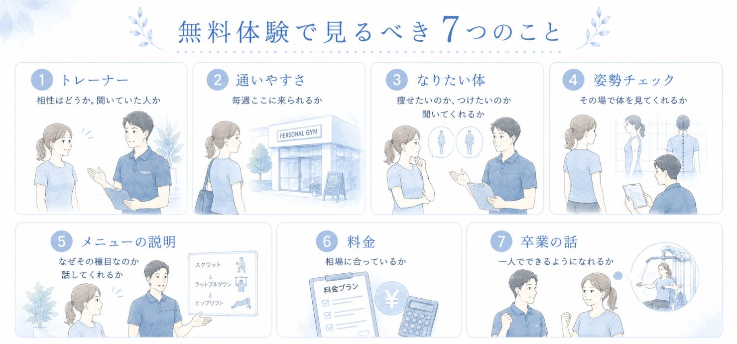 無料体験で見るべき7つのことの図解。1トレーナー、2通いやすさ、3なりたい体、4姿勢チェック、5メニューの説明、6料金、7卒業の話を、トレーナーと女性のイラストで説明している