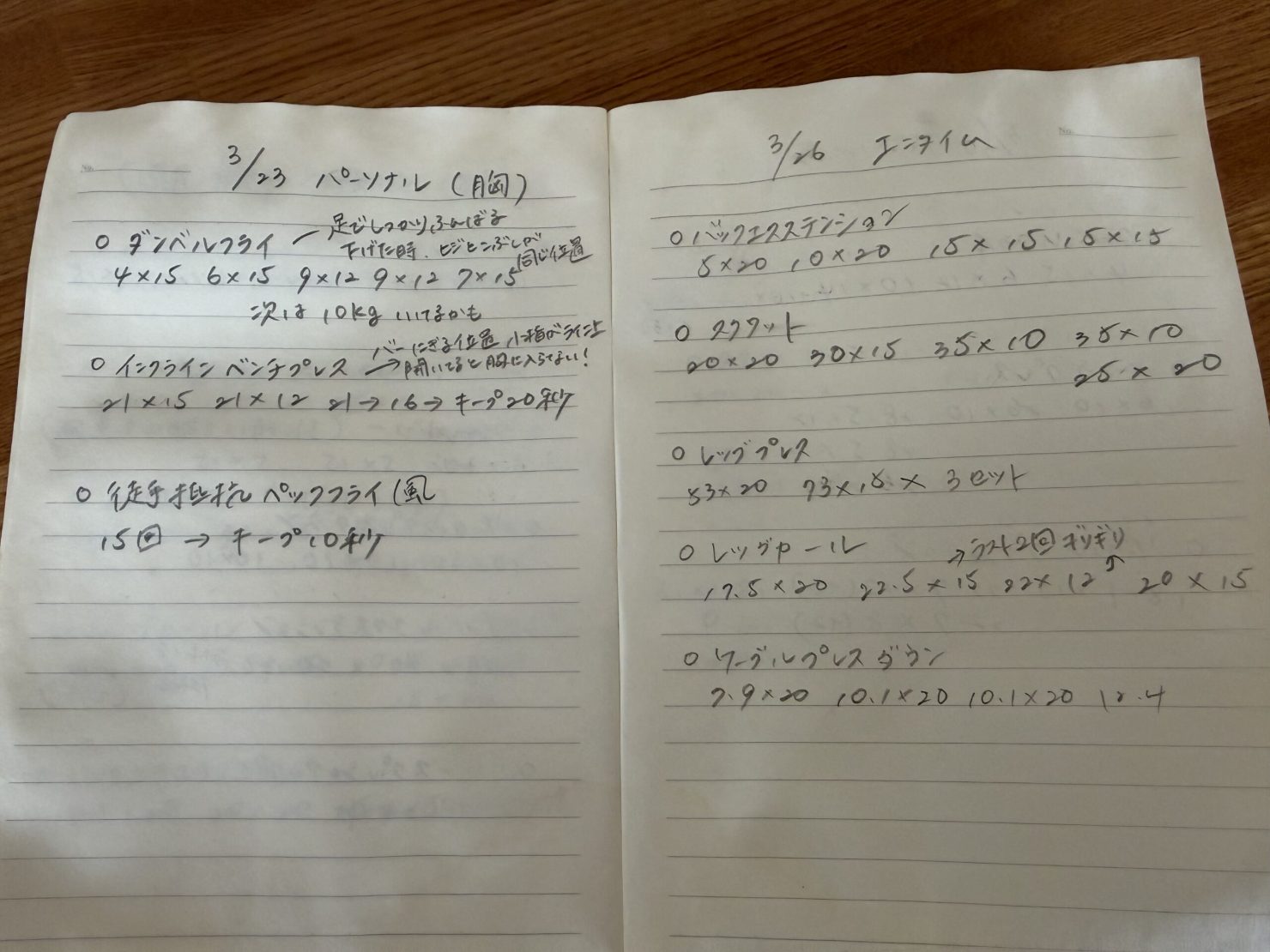 凜子の手書きトレーニングノート。左ページは3月23日のパーソナル(胸)、右ページは3月26日のエニタイムでの自主トレ。種目名と重さ、回数が書き込まれている