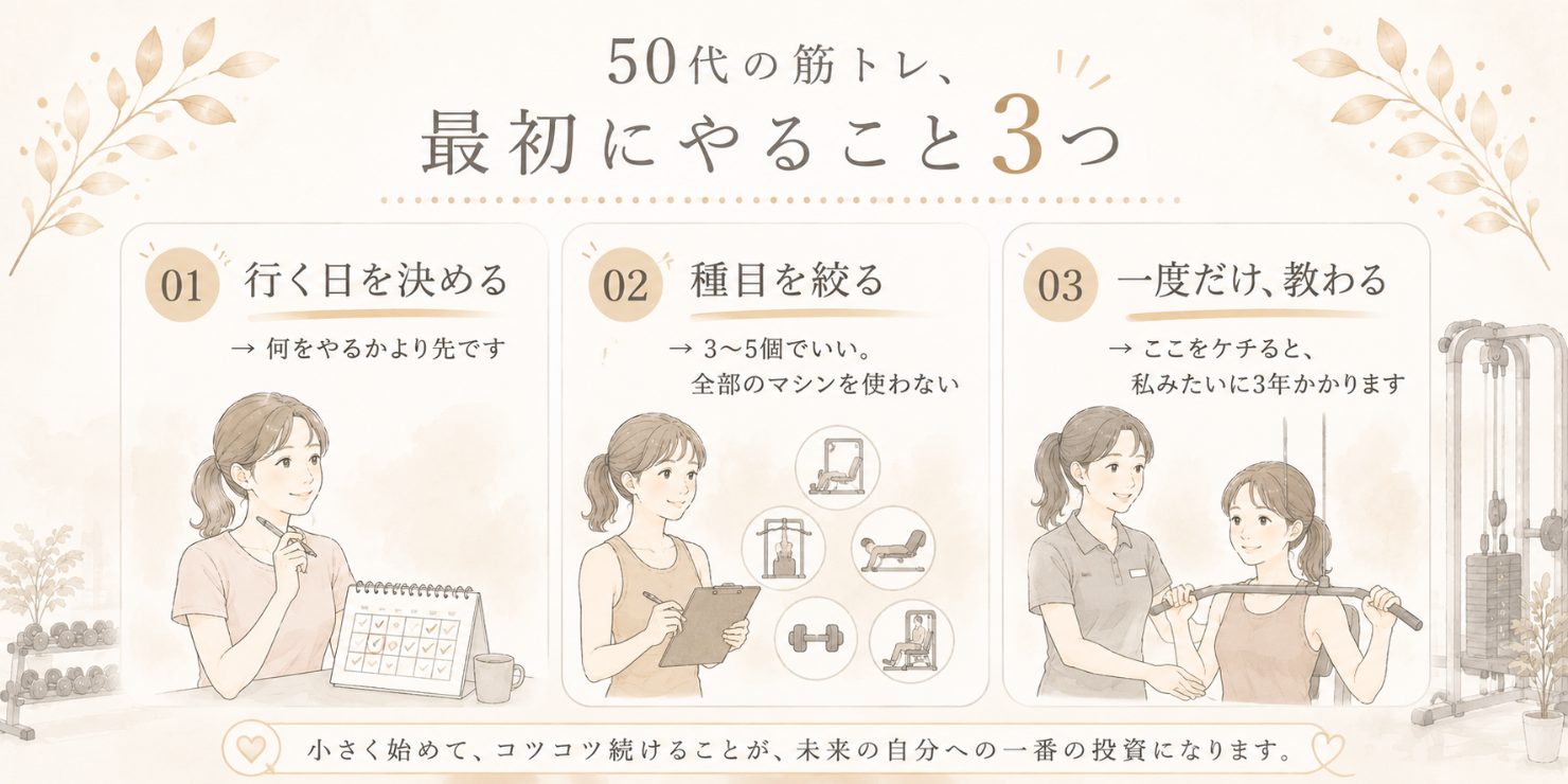50代の筋トレ、最初にやること3つの図解。01行く日を決める、02種目を絞る、03一度だけ教わる