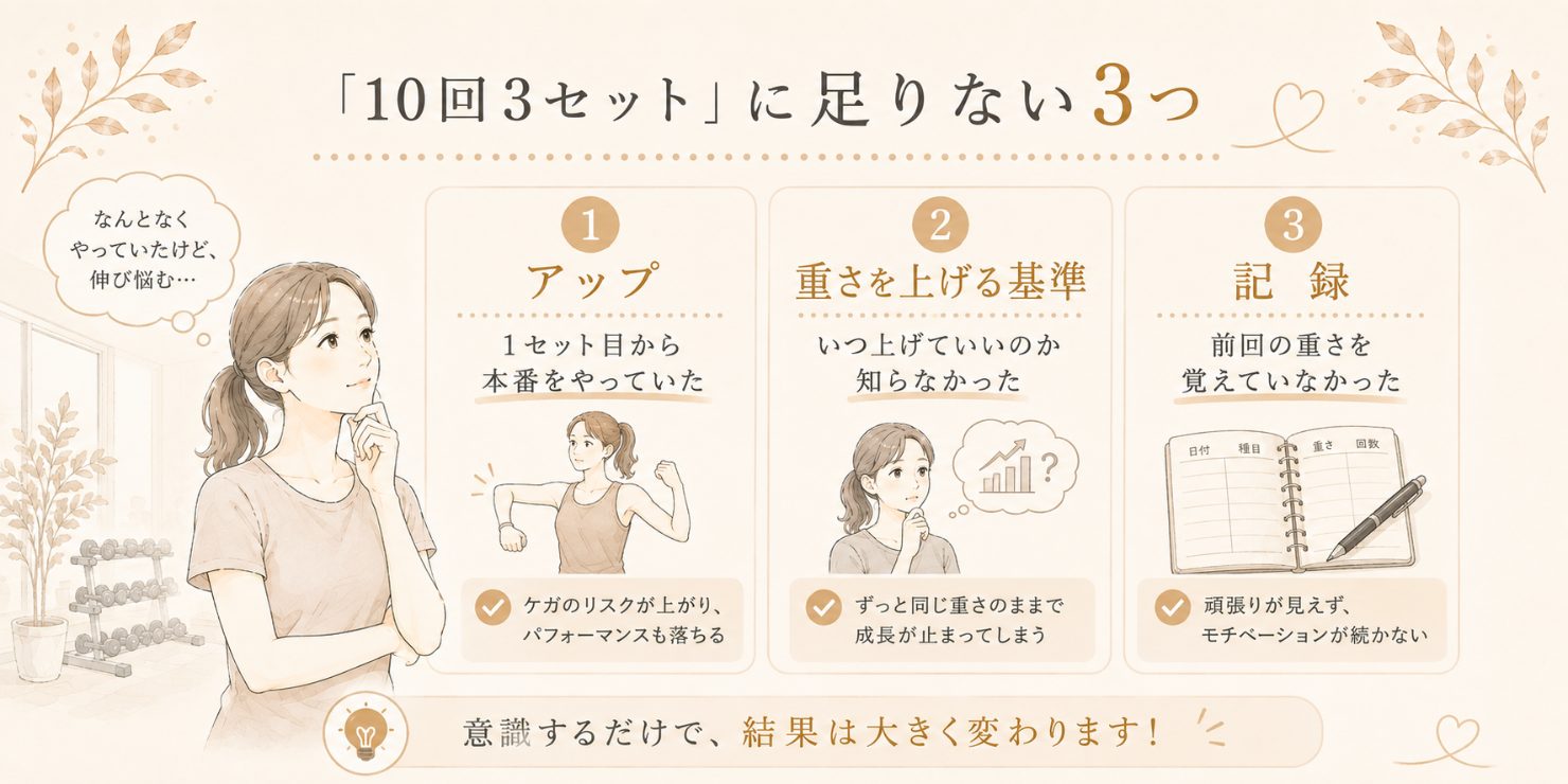 「10回3セット」に足りない3つの図解。1.アップ(1セット目から本番をやっていた。ケガのリスクが上がり、パフォーマンスも落ちる)2.重さを上げる基準(いつ上げていいのか知らなかった。ずっと同じ重さのままで成長が止まる)3.記録(前回の重さを覚えていなかった。頑張りが見えず、モチベーションが続かない)