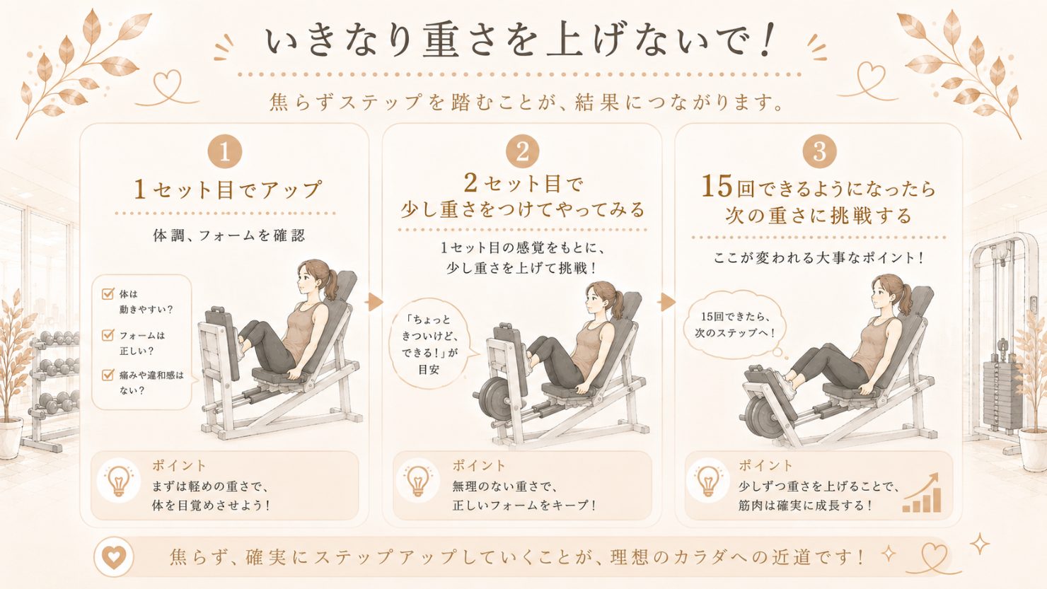 いきなり重さを上げないで、の3ステップ図解。1.1セット目でアップして体調とフォームを確認 2.2セット目で少し重さをつけてやってみる 3.15回できるようになったら次の重さに挑戦する