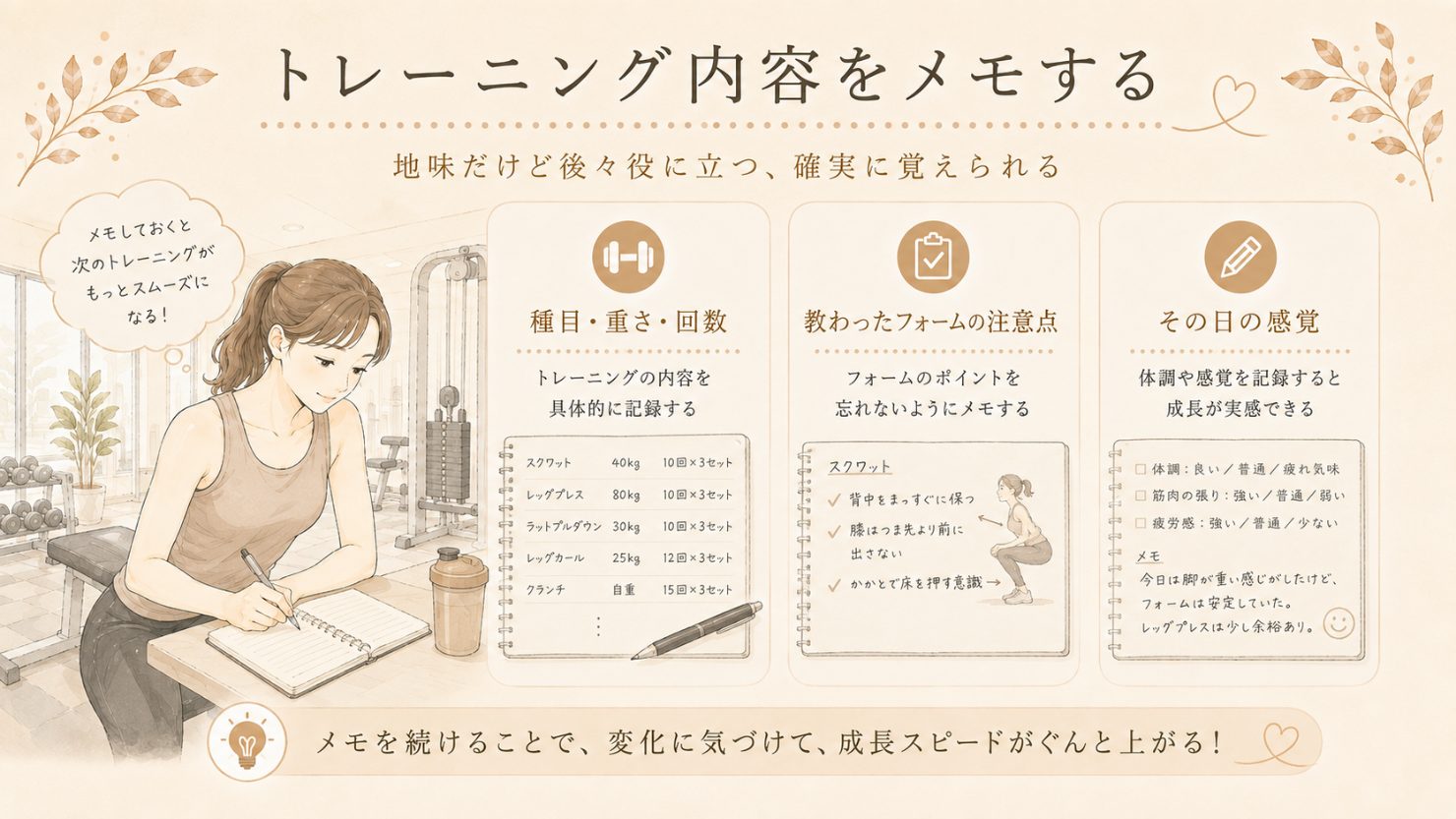 トレーニング内容をメモする図解。種目・重さ・回数、教わったフォームの注意点、その日の感覚、この3つを記録する例