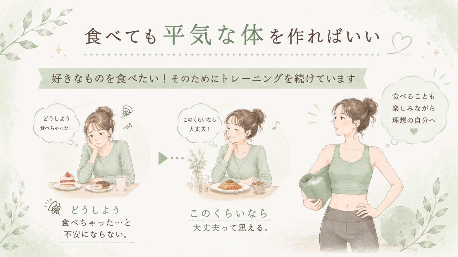 「食べても平気な体を作れば大丈夫」と書かれた図。好きなものを食べたい、そのためにトレーニングを続けている。「どうしよう食べちゃった…」と不安にならず「このくらいなら大丈夫」と思えるようになる、という変化を描いたイラスト