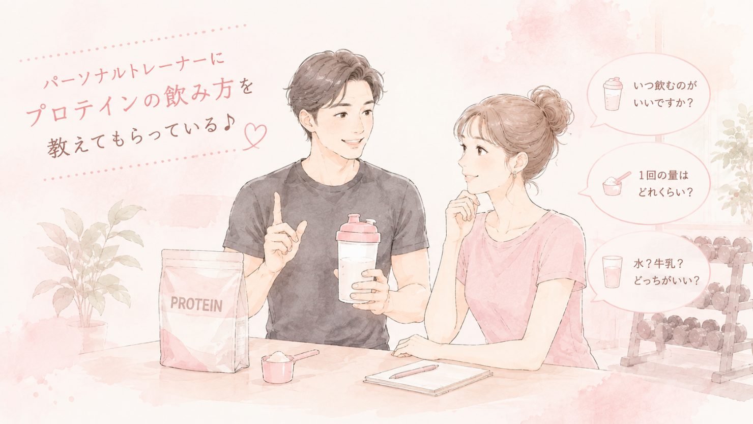 パーソナルトレーナーにプロテインの飲み方を教えてもらっているイラスト。「いつ飲むのがいいですか?」「1回の量はどれくらい?」「水?牛乳?どっちがいい?」という吹き出し