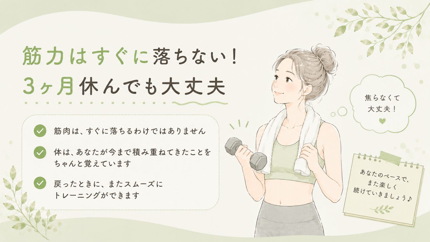 「筋力はすぐに落ちない!3ヶ月休んでも大丈夫」の図解。筋肉はすぐに落ちるわけではない/体はこれまで積み重ねてきたことを覚えている/戻ったときにまたスムーズにトレーニングができる