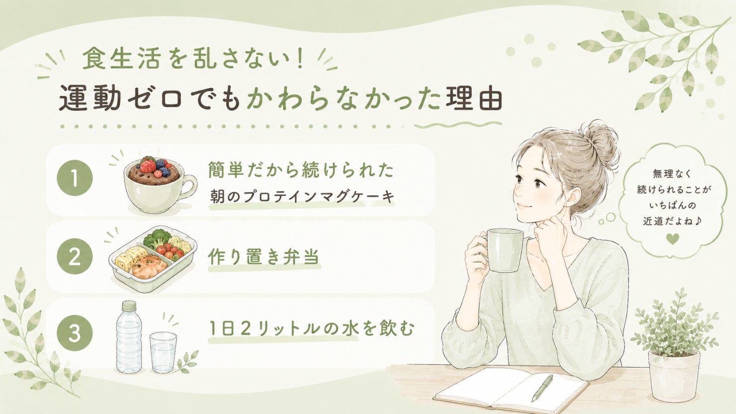 「食生活を乱さない!運動ゼロでもかわらなかった理由」の図解。1.簡単だから続けられた朝のプロテインマグケーキ 2.作り置き弁当 3.1日2リットルの水を飲む