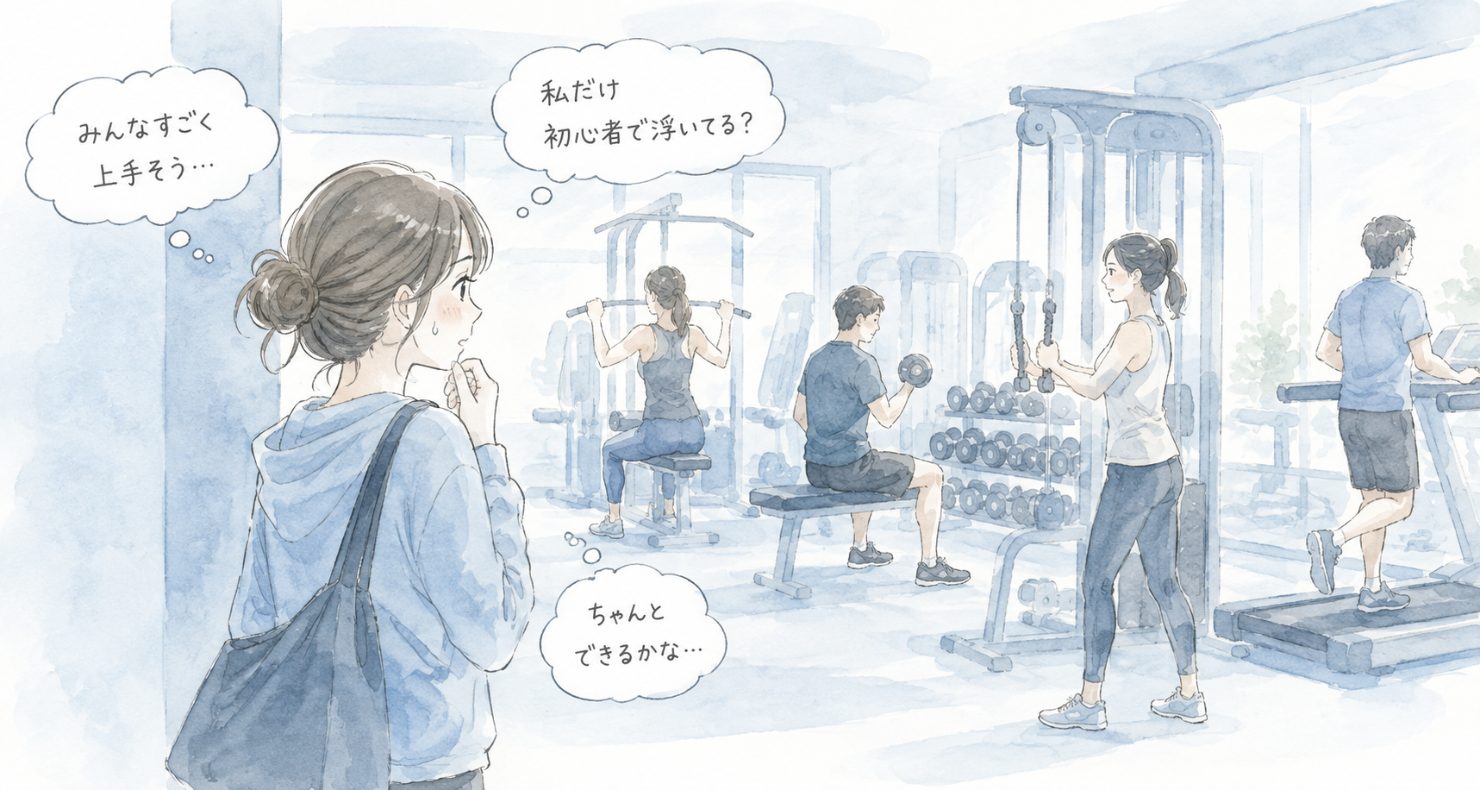 ジムの入口で立ち止まり、慣れた様子でトレーニングする人たちを見ている女性。「みんなすごく上手そう…」「私だけ初心者で浮いてる?」「ちゃんとできるかな…」という吹き出しが浮かんでいる