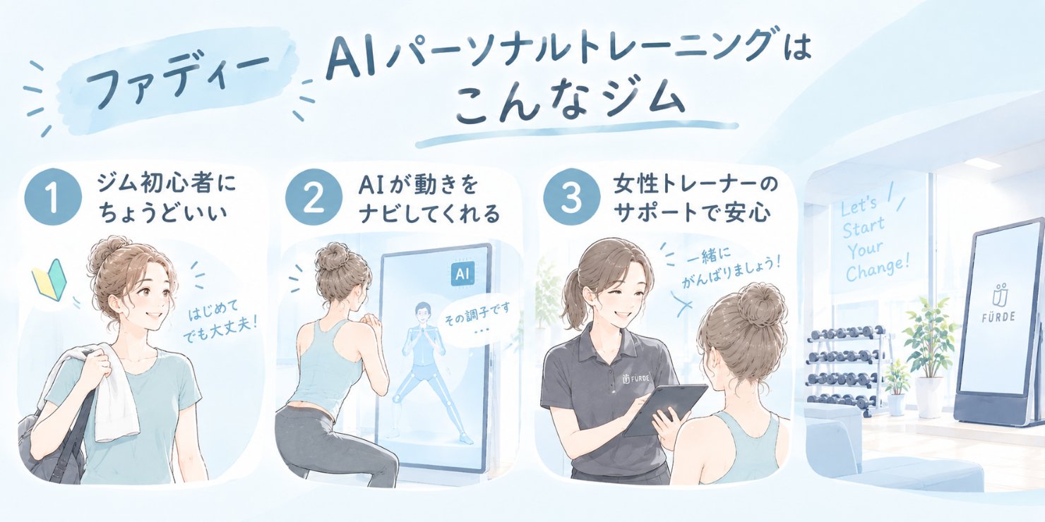 ファディーの特徴3つの図。①ジム初心者にちょうどいい ②AIが動きをナビしてくれる ③女性トレーナーのサポートで安心