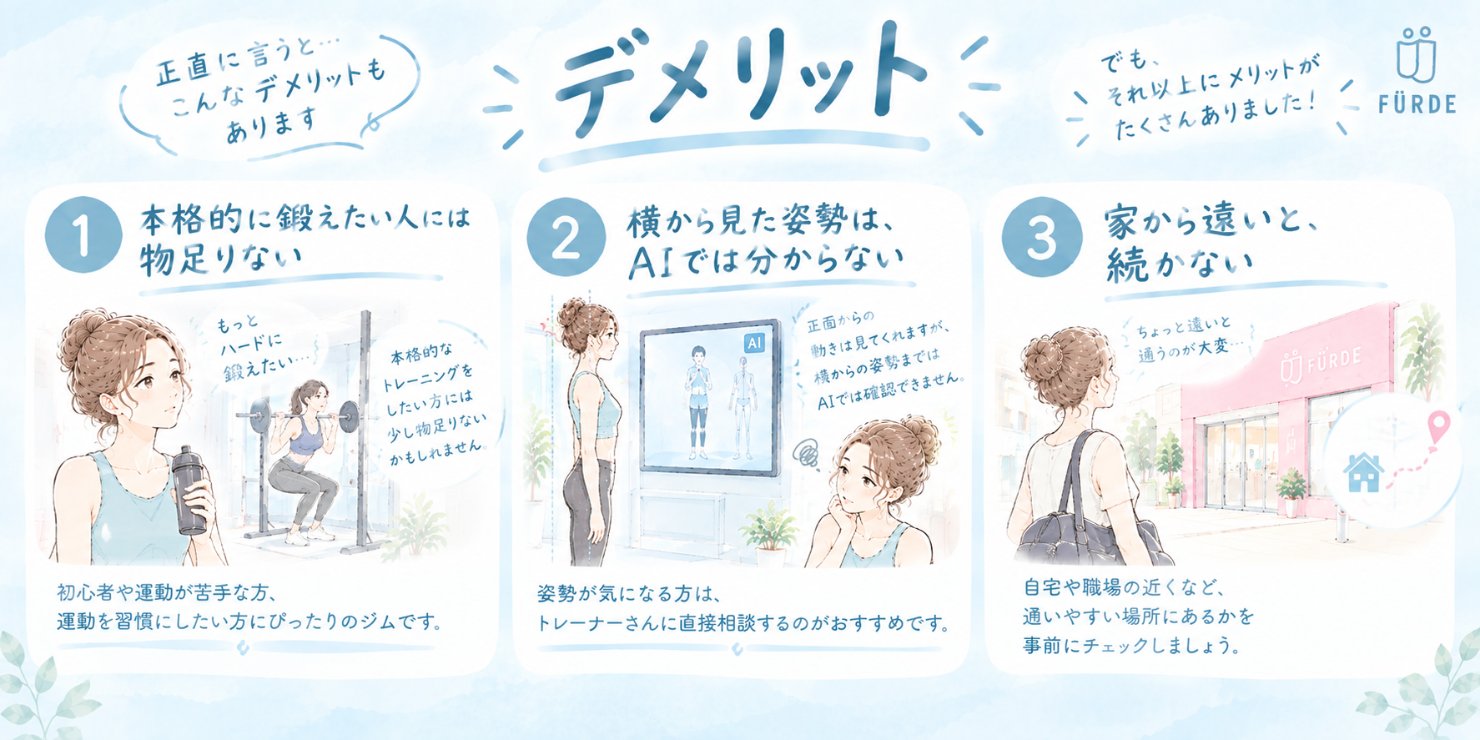 ファディーのデメリット3つの図。①本格的に鍛えたい人には物足りない ②横から見た姿勢はAIでは分からない ③家から遠いと続かない