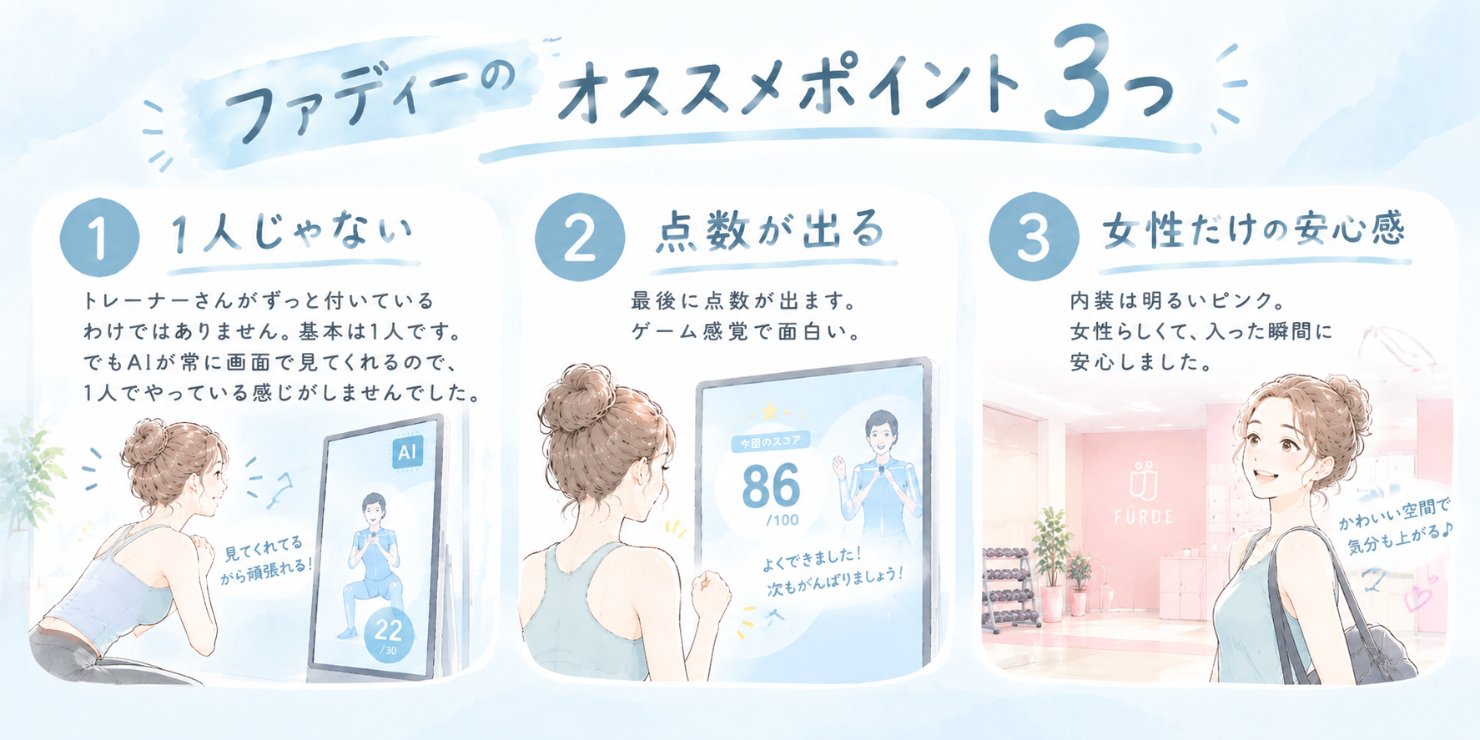 ファディーのおすすめポイント3つの図。①1人じゃない、AIが画面で見てくれる ②フォームに点数が出る ③女性だけの安心感、内装は明るいピンク