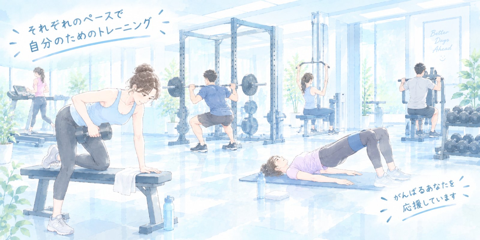 24時間ジムでそれぞれのペースでトレーニングする人たち