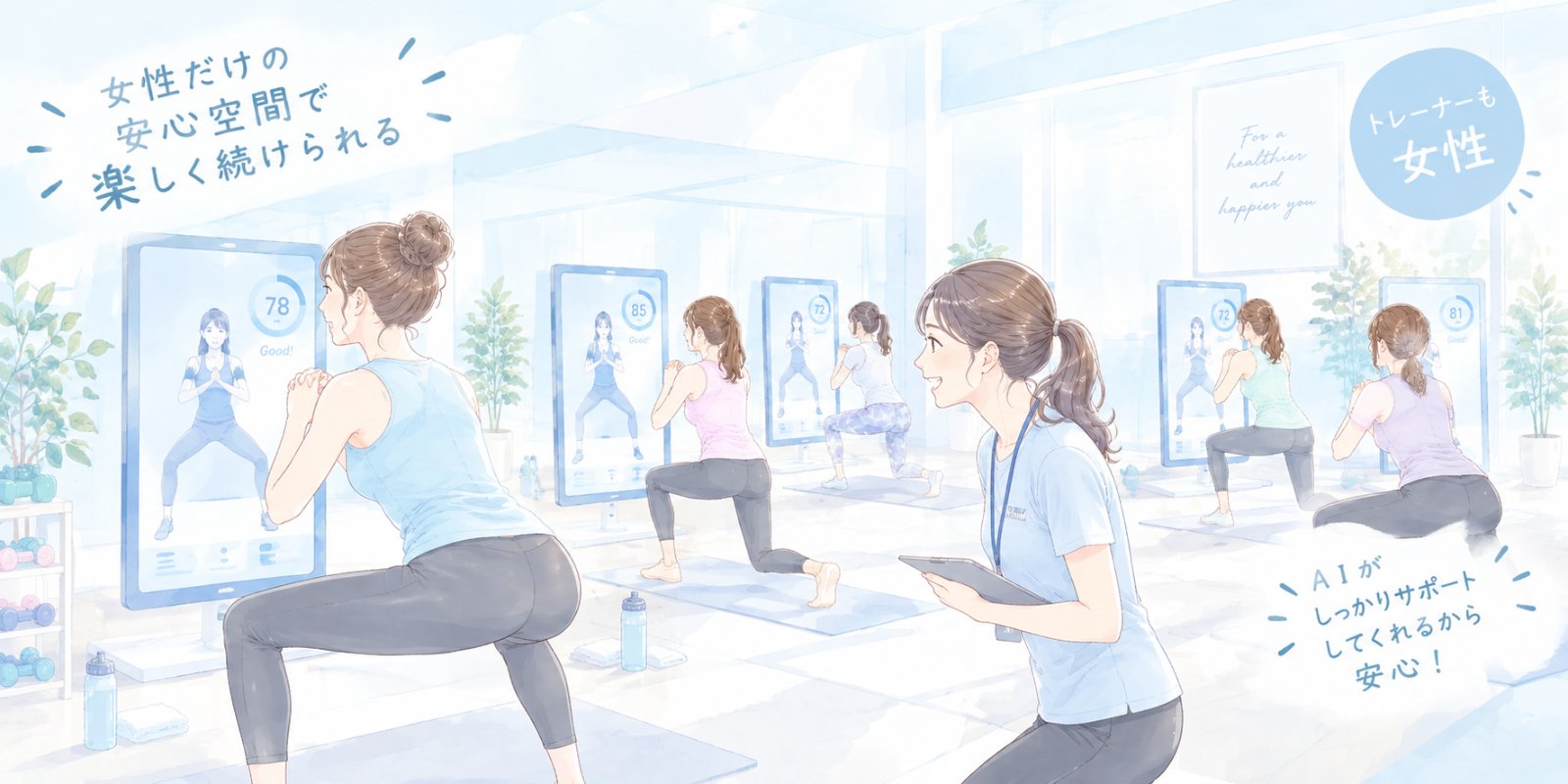 女性専用でAIが動きを見てくれるジムで運動する女性たち