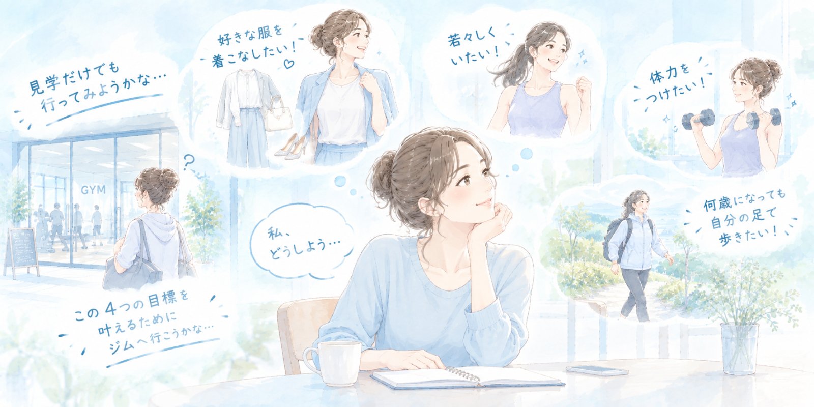 着たい服や体力などの目標を思い浮かべ、ジムの見学を迷う女性