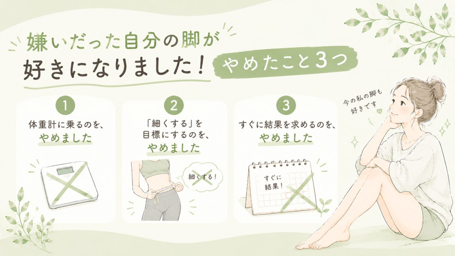 「嫌いだった自分の脚が好きになりました!やめたこと3つ」の図解。1.体重計に乗るのをやめました 2.「細くする」を目標にするのをやめました 3.すぐに結果を求めるのをやめました