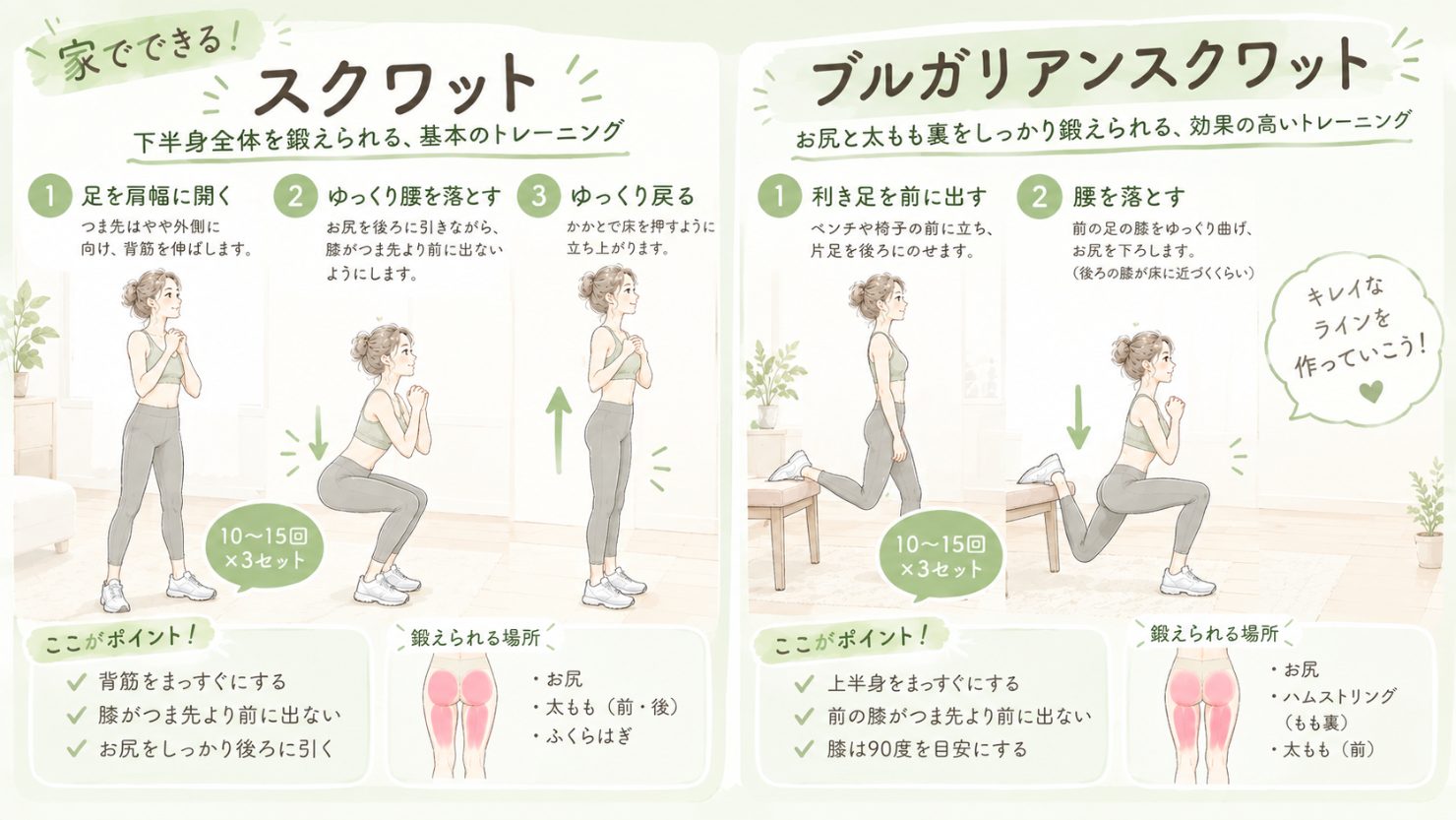 家でできるスクワットとブルガリアンスクワットの図解。スクワットは足を肩幅に開き、ゆっくり腰を落として、ゆっくり戻る。ブルガリアンスクワットは利き足を前に出し、腰を落とす。どちらも10〜15回×3セット